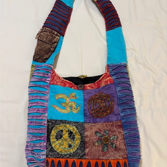 Boho Patchwork Crossbody Bag – Peace, Om, & Flower Symbols – Festival Sling Bag - Picture 1 of 12